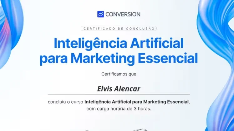 Certificado de conclusão de Elvis Alencar no curso Inteligência Artificial para Marketing Essencial da Conversion