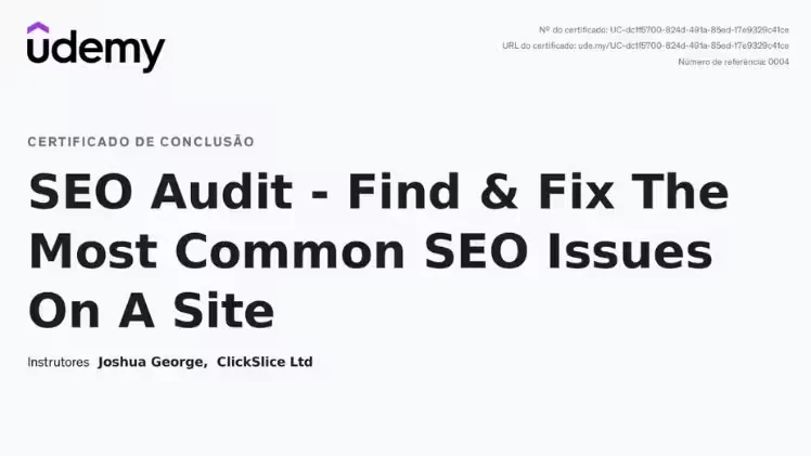 Certificado de conclusão de Elvis Alencar no curso SEO Audit da ClickSlice na Udemy